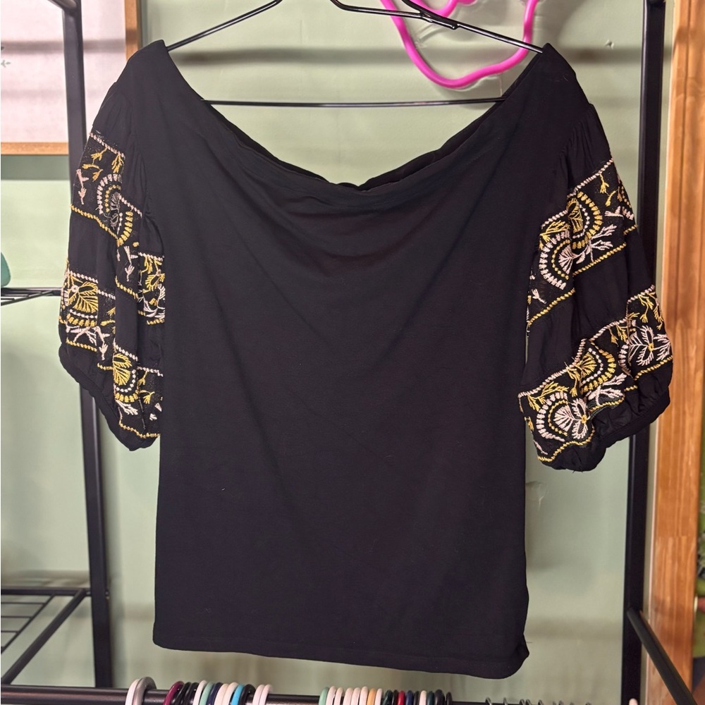 Free People Black Blouse with Gold Embroidery